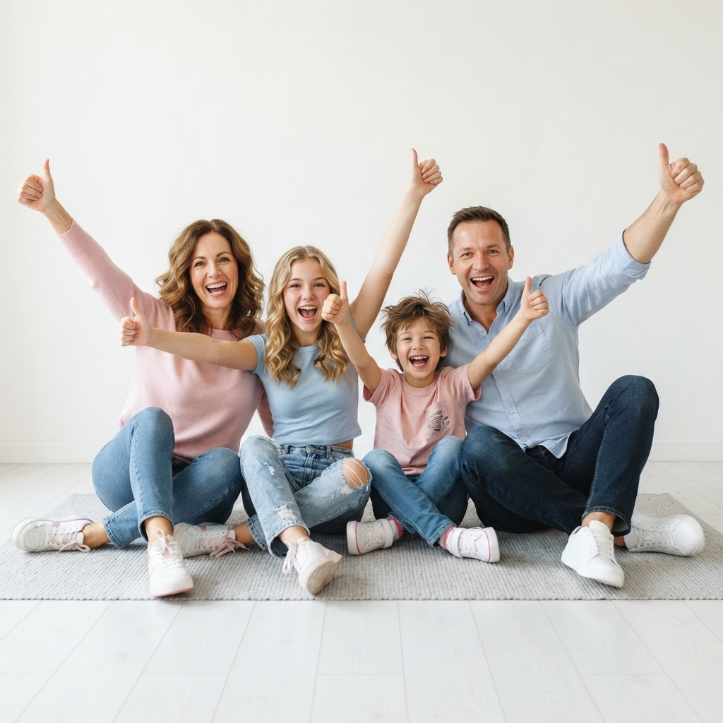 Familia feliz celebrando con calzado DÁDIVA
