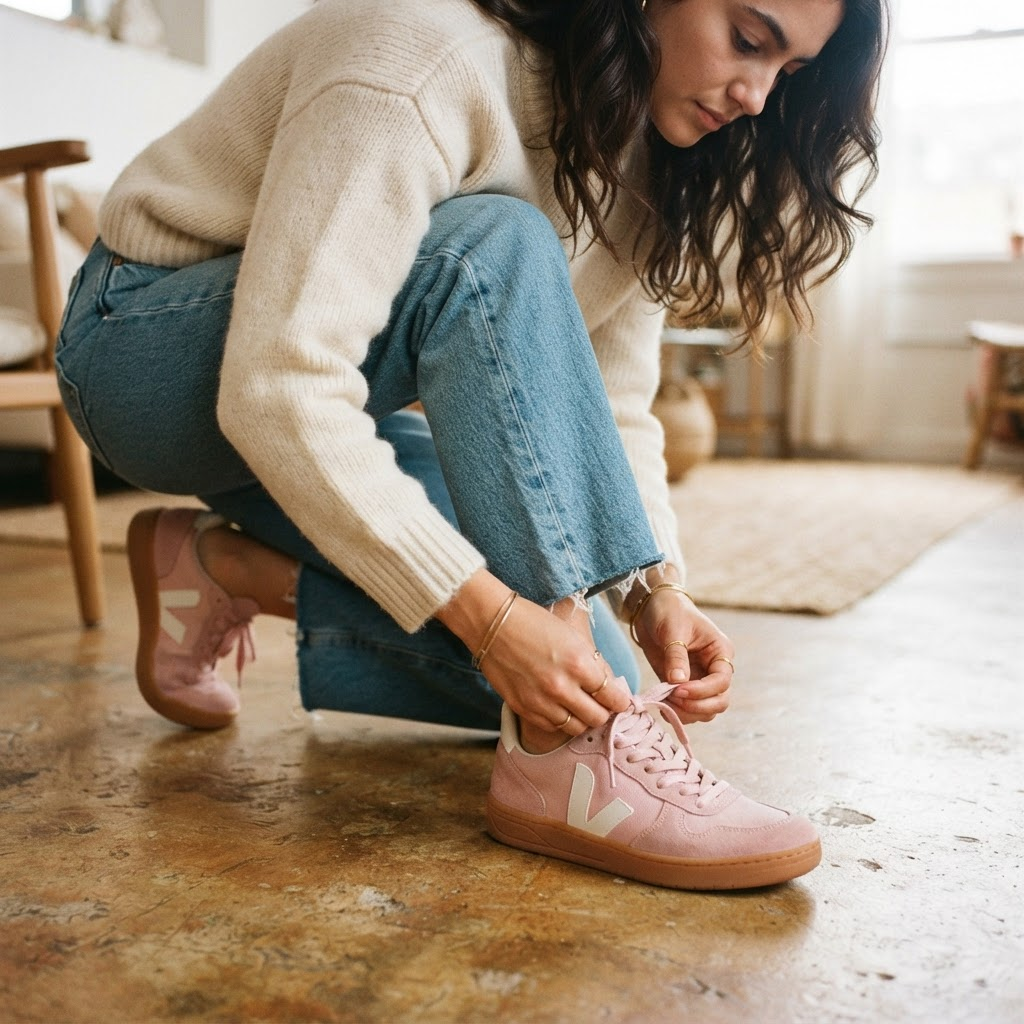 Persona amarrándose unos tenis rosados